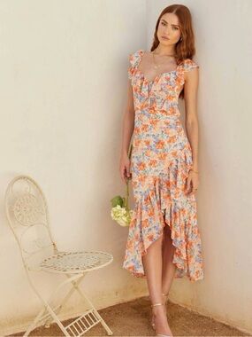 ASTR The Label Women's Mahalia Dress, Floral Ruffle Midi Dress in Peach